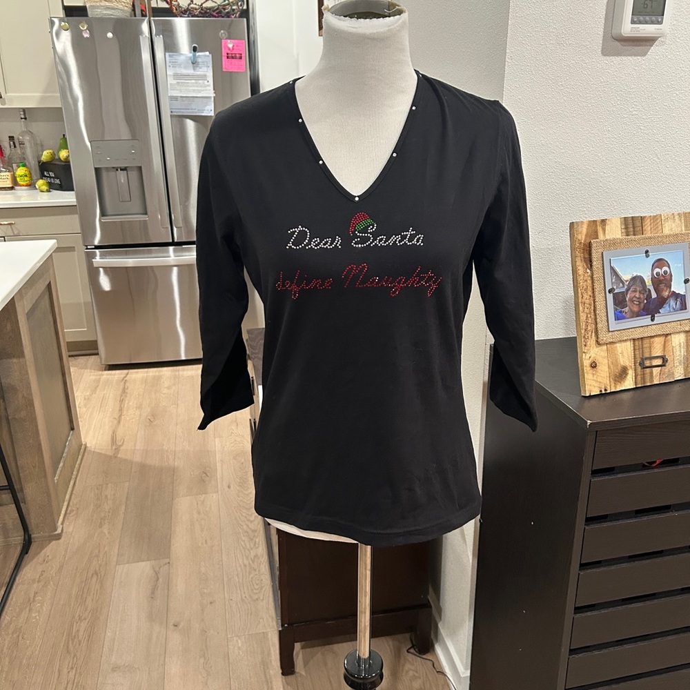 Get Lucky USA Dear Santa Black V-Neck Holiday Top